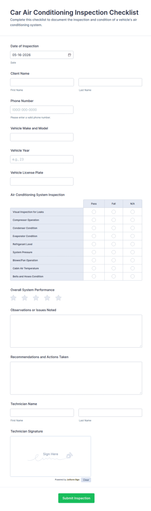 Car Air Conditioning Inspection Checklist Form Template