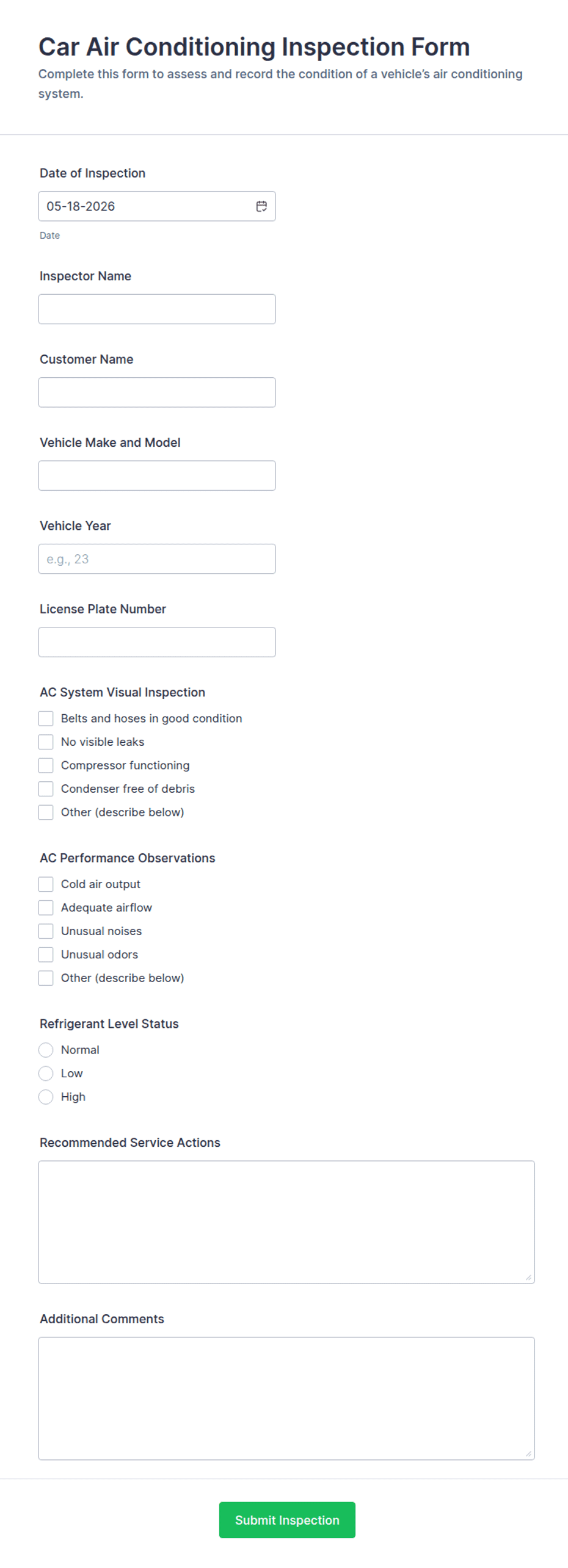 Car Air Conditioning Inspection Form Template | Jotform