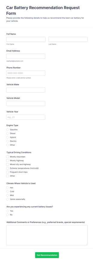Car Battery Recommendation Request Form Template