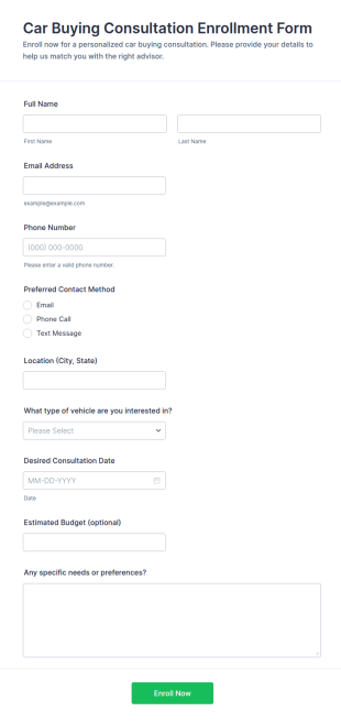 Car Buying Consultation Enrollment Form Template