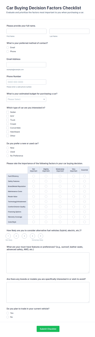 Car Buying Decision Factors Checklist Form Template