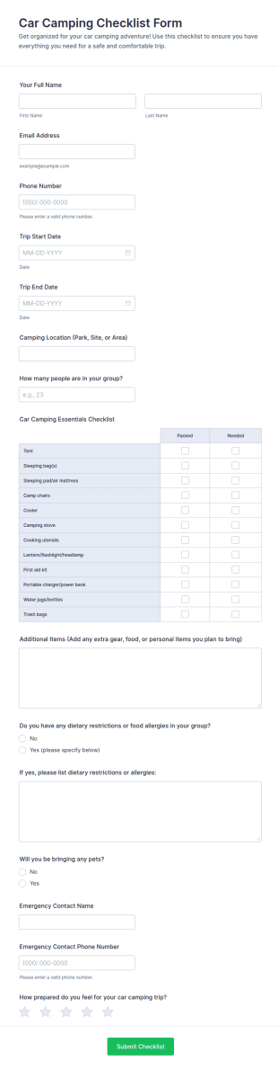 Car Camping Checklist Form Template