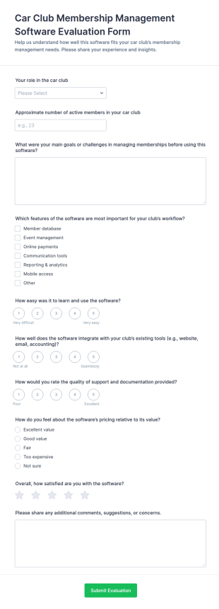 Car Club Membership Software Evaluation Form Template