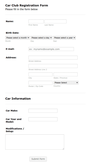 Car Club Registration Form Template