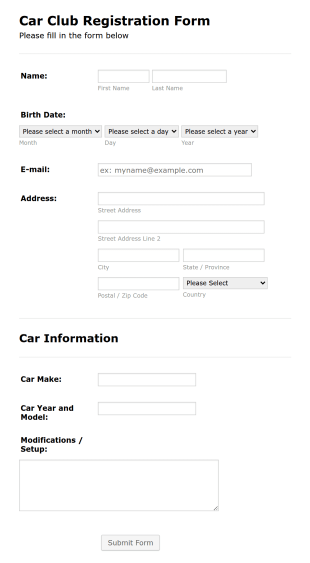 Car Club Registration Form Template
