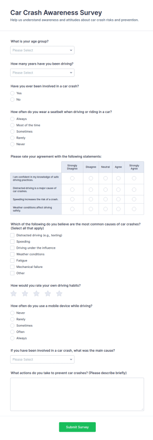 Car Crash Awareness Survey Form Template