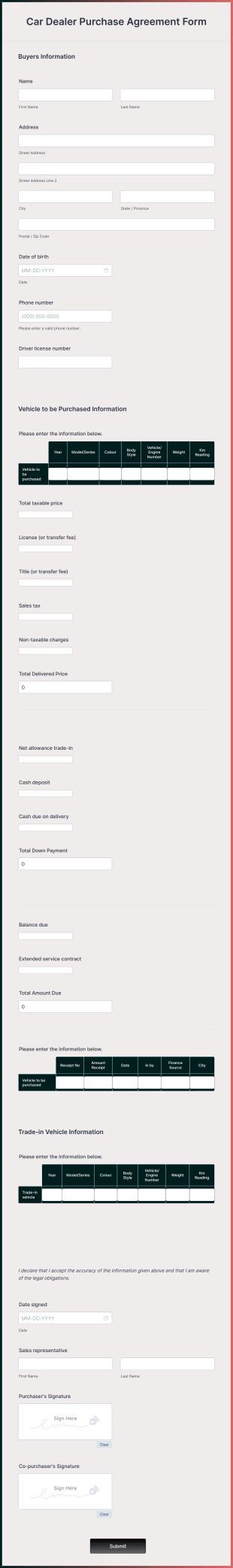 Car Dealer Purchase Agreement Form Template