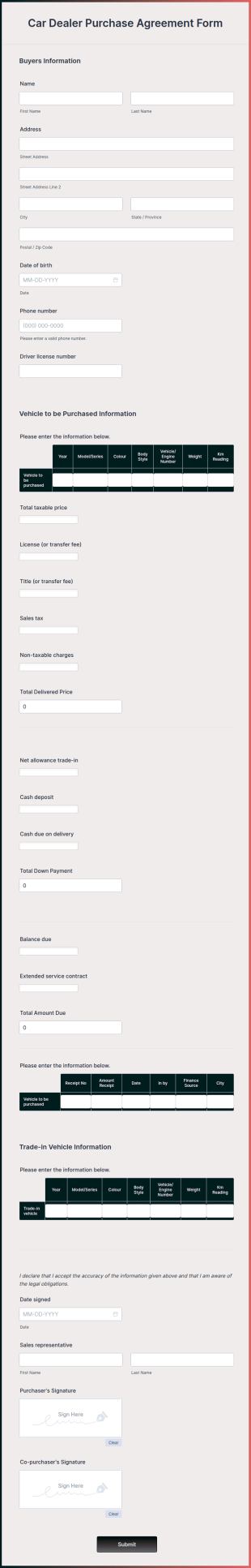 Car Dealer Purchase Agreement Form Template