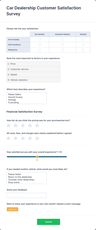 Car Dealership Customer Satisfaction Survey Form Template