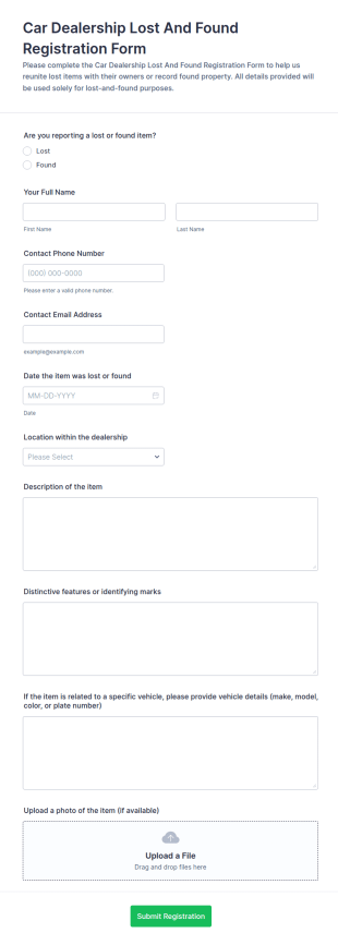 Car Dealership Lost And Found Registration Form Template