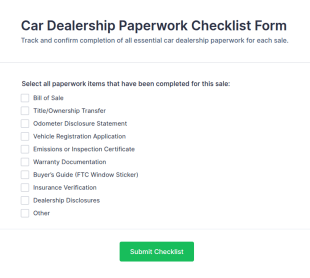 Car Dealership Paperwork Checklist Form Template