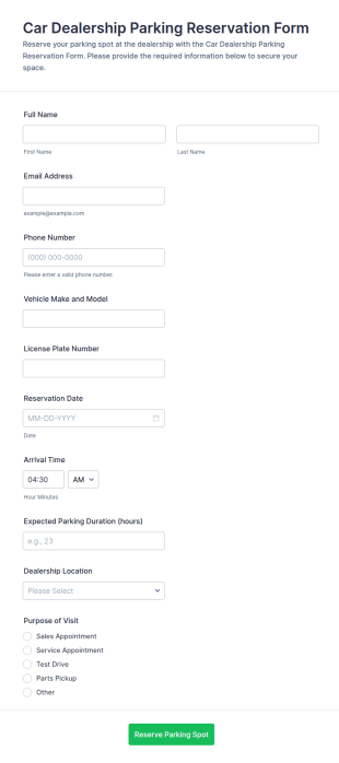 Car Dealership Parking Reservation Form Template