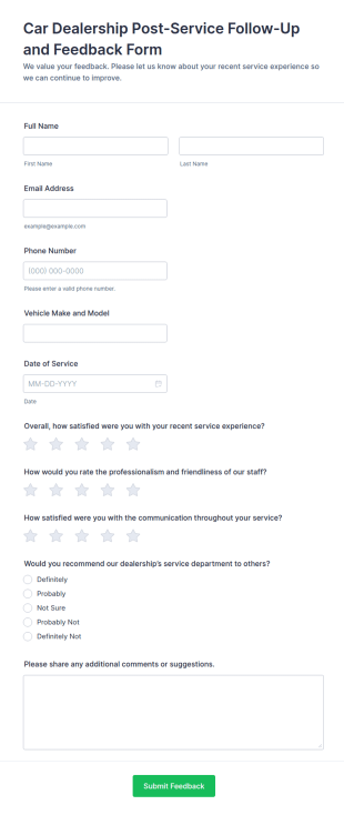 Car Dealership Post Service Follow Up And Feedback Form Template