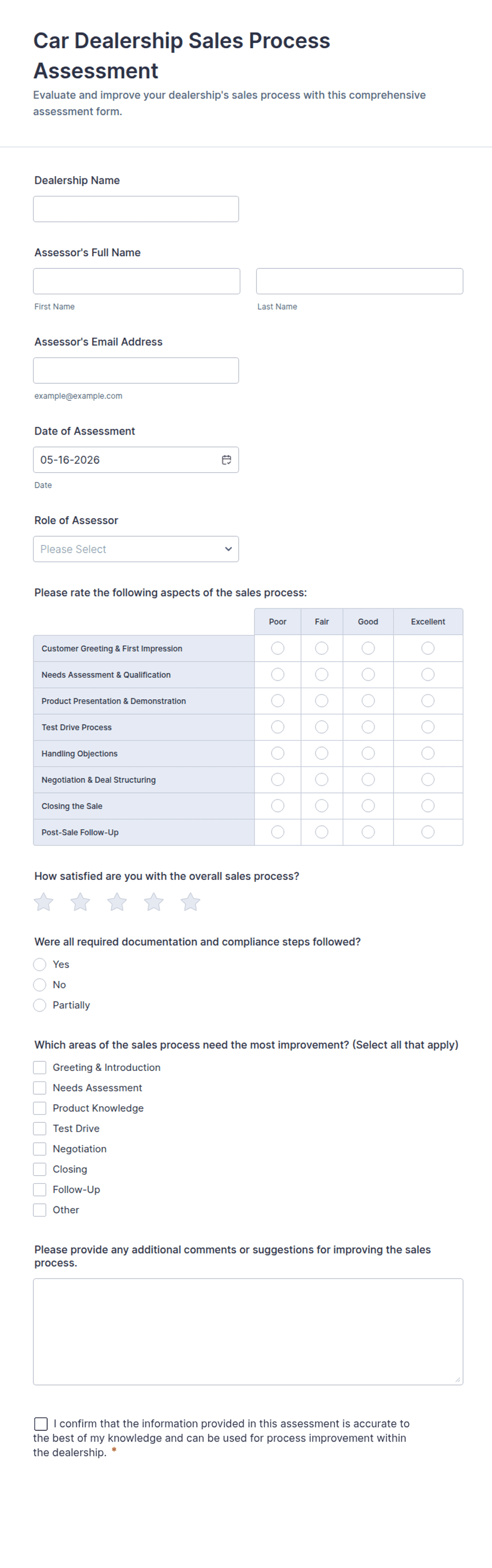 Car Dealership Sales Process Assessment Form Template | Jotform
