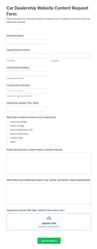 Car Dealership Website Content Request Form Template