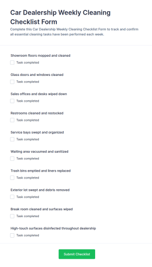 Car Dealership Weekly Cleaning Checklist Form Template