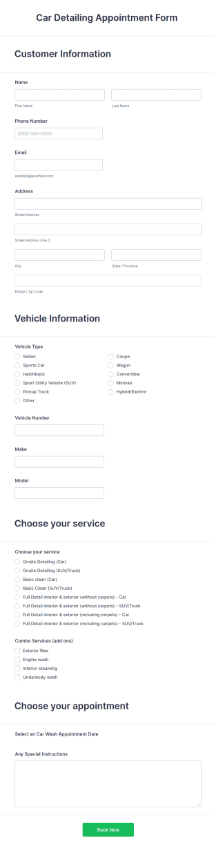 Car Detailing Appointment Form Template