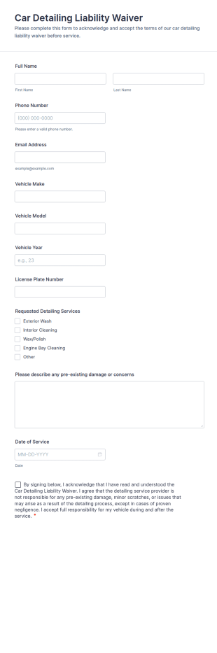 Car Detailing Liability Waiver Form Template