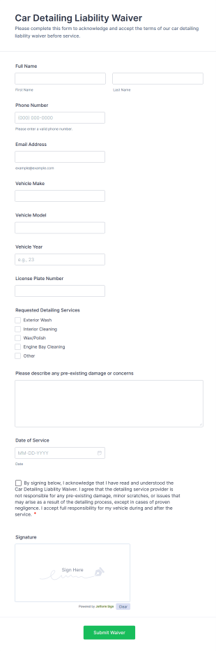 Car Detailing Liability Waiver Form Template