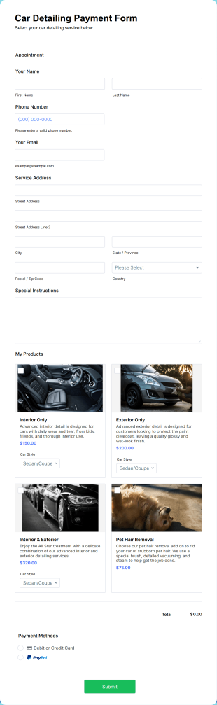 Car Detailing Payment Form Template
