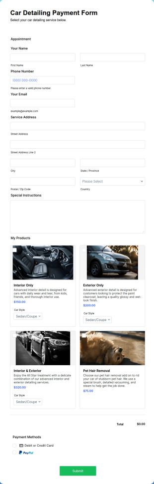 Car Detailing Payment Form Template