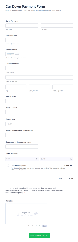 Car Down Payment Form Template