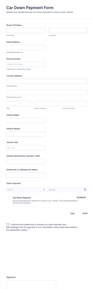 Car Down Payment Form Template