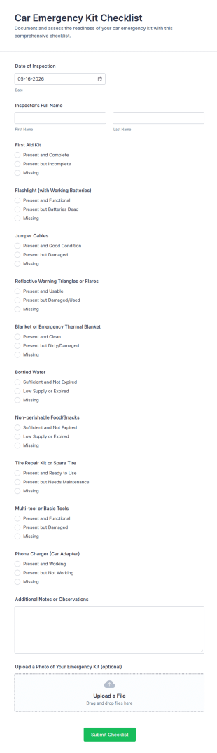 Car Emergency Kit Checklist Form Template
