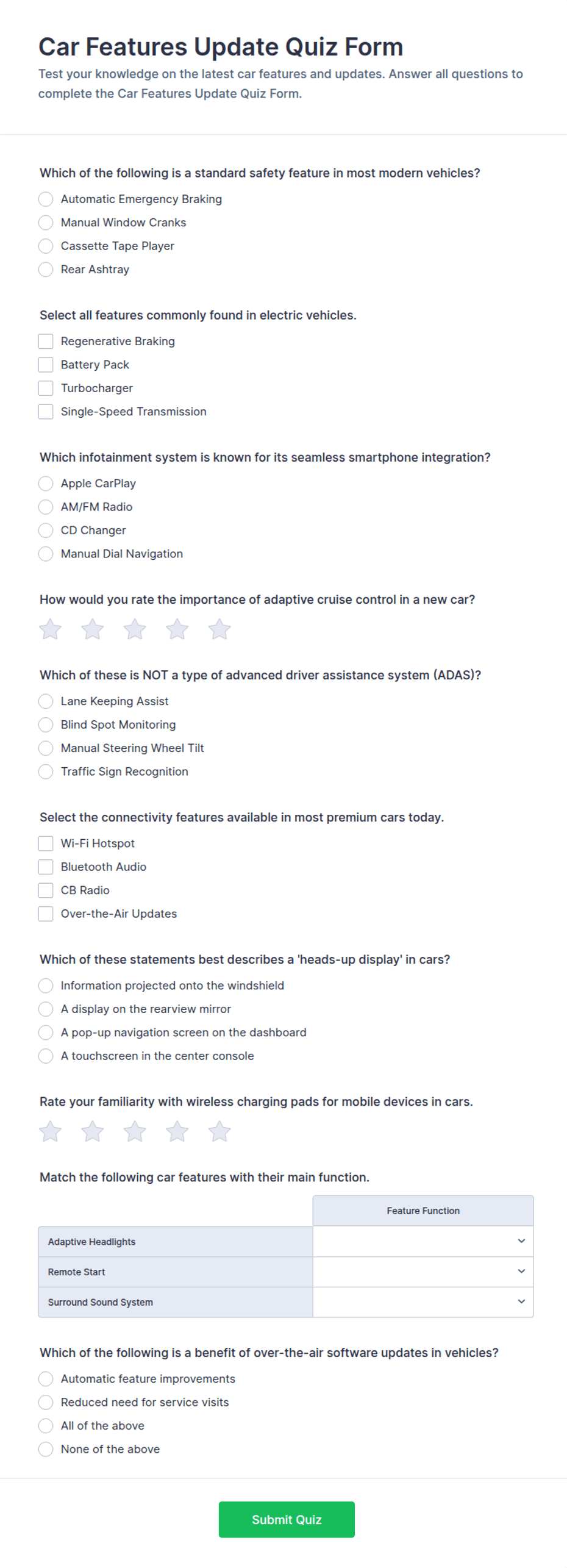 Car Features Update Quiz Form Template | Jotform