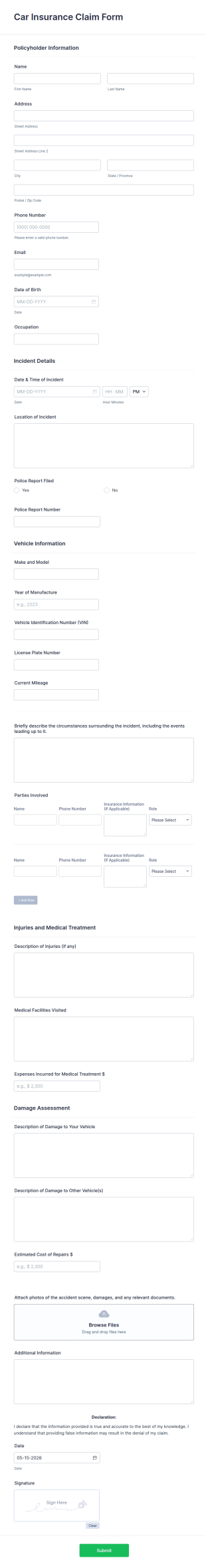 Car Insurance Claim Form Template