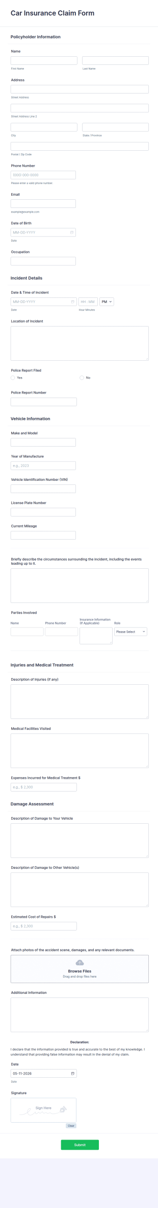 Car Insurance Claim Form Template