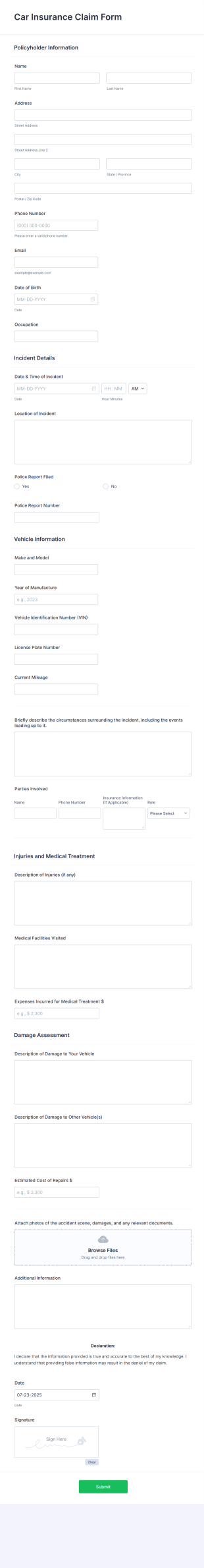 Car Insurance Claim Form Template