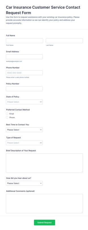 Car Insurance Customer Service Contact Request Form Template