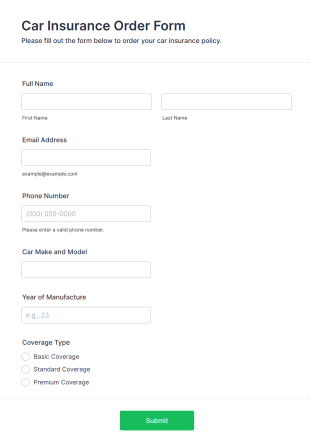 Car Insurance Order Form Form Template