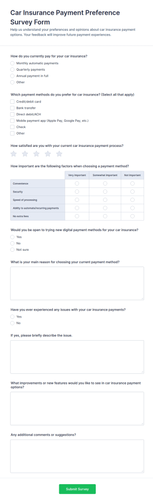 Car Insurance Payment Preference Survey Form Template