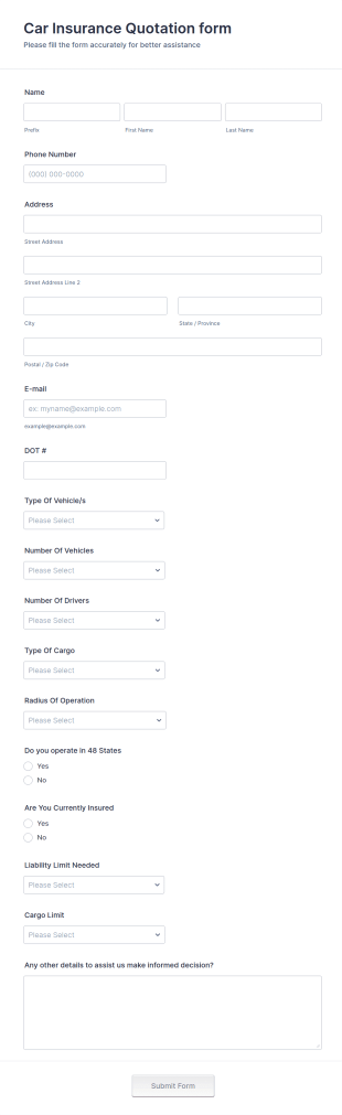 Car Insurance Quotation Form Template