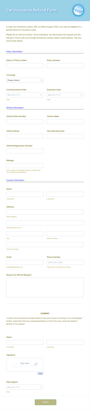 Car Insurance Refund Form Template