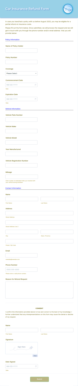 Car Insurance Refund Form Template