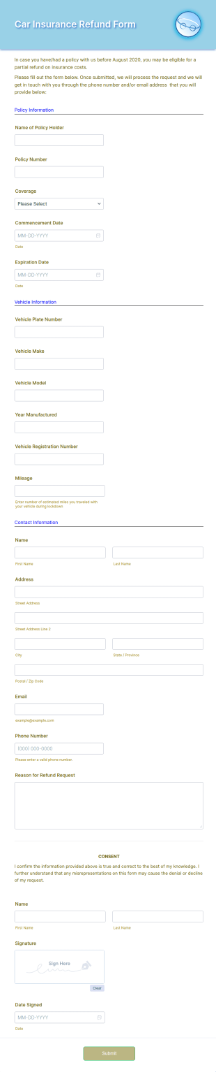Car Insurance Refund Form Template