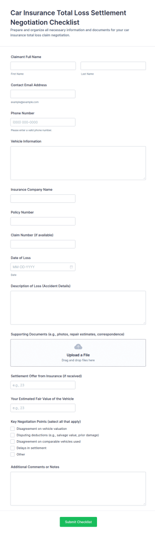 Car Insurance Total Loss Settlement Negotiation Checklist Form Template