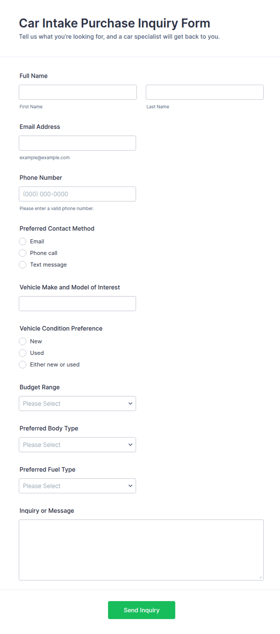 Car Intake Purchase Inquiry Form Template | Jotform