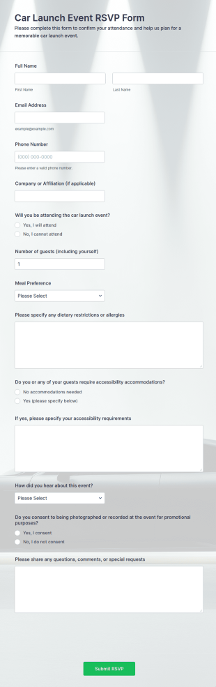Car Launch Event RSVP Form Template