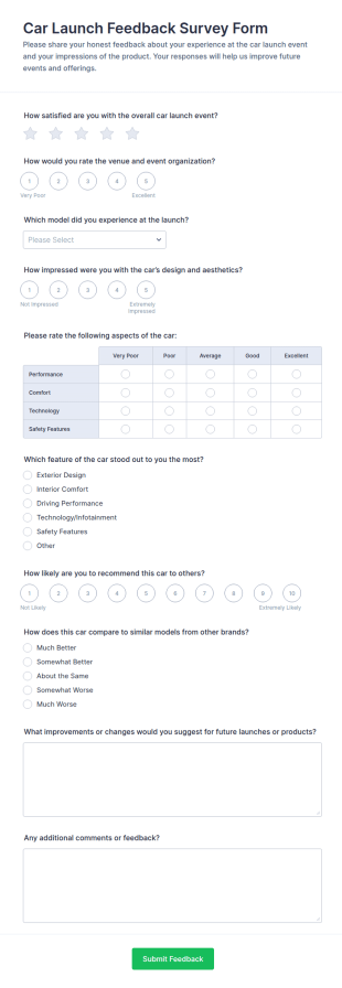 Car Launch Feedback Survey Form Template