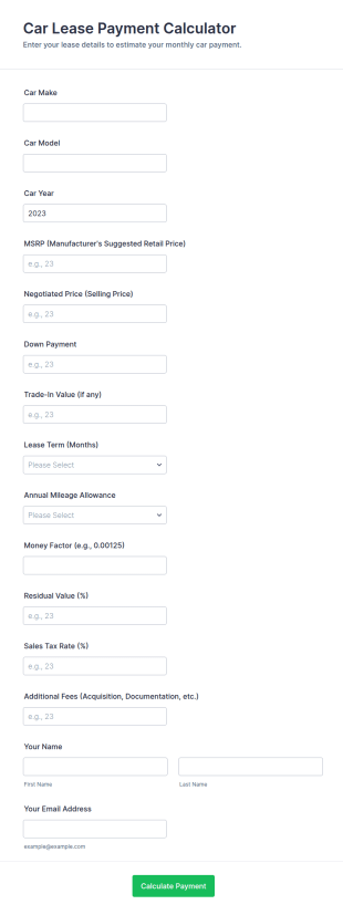 Car Lease Payment Calculator Form Template