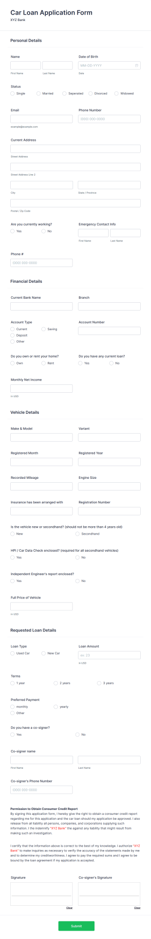 Car Loan Application Form Template