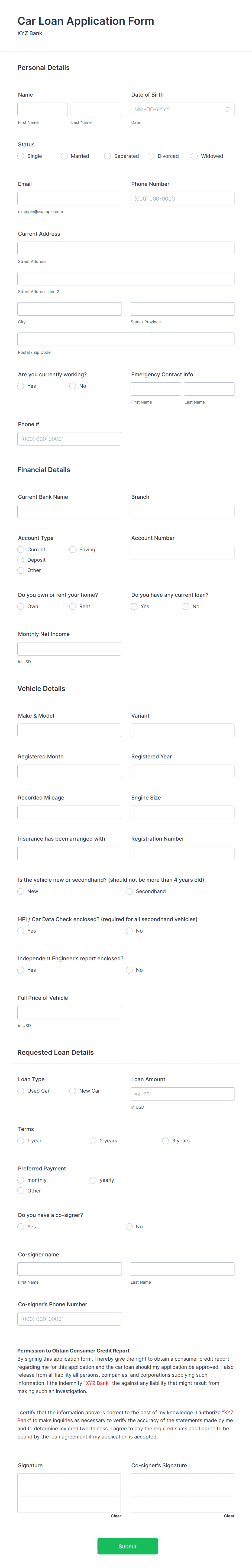Car Loan Application Form Template | Jotform