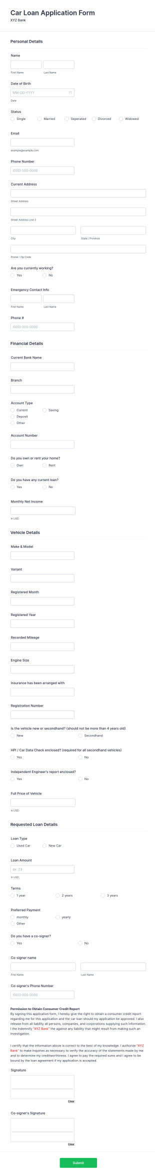 Car Loan Application Form Template