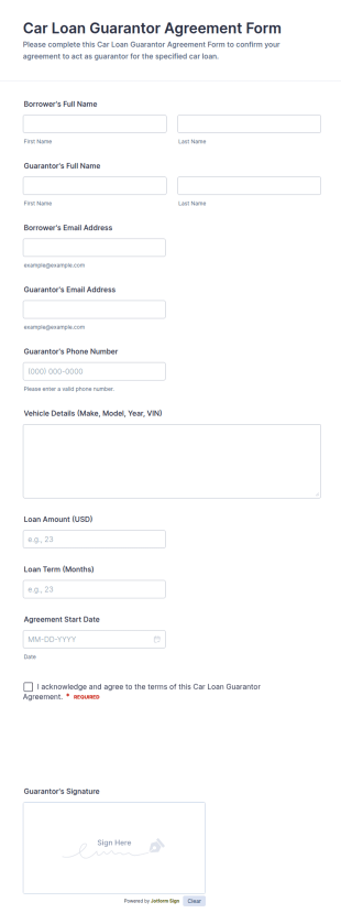 Car Loan Guarantor Agreement Form Template