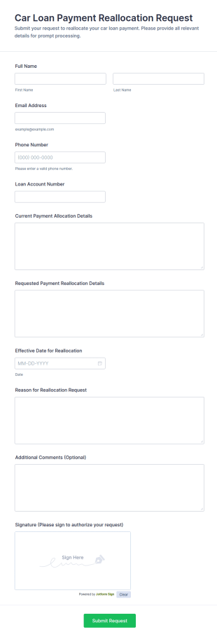 Car Loan Payment Reallocation Request Form Template