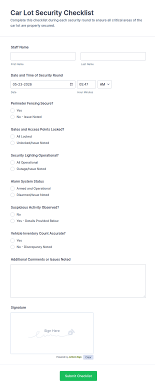 Car Lot Security Checklist Form Template